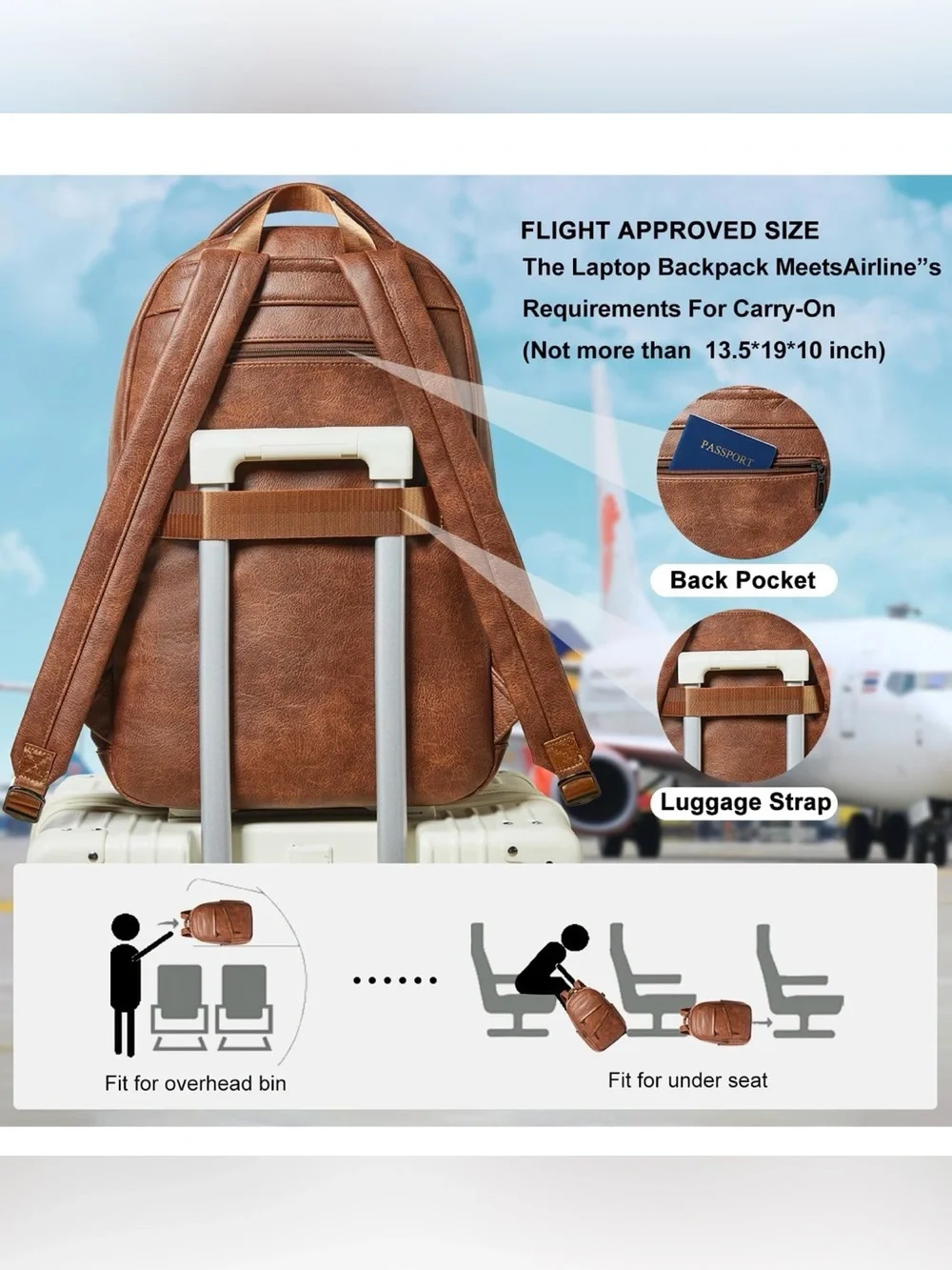 LATMAP Vegan Leather Laptop Backpack 16.5” Travel Carry On College Work Brown